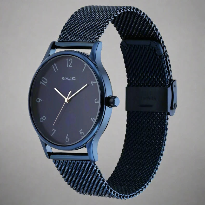 Side Look Of Sonata 77105QM01 Blues Quartz Analog Blue Dial Metal Strap Watch for Men