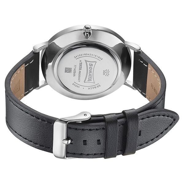 Back View Of Sonata 77143SL01 Quartz Analog Men's Watch with Silver Dial and Black Leather Strap, featuring a date function and quartz movement