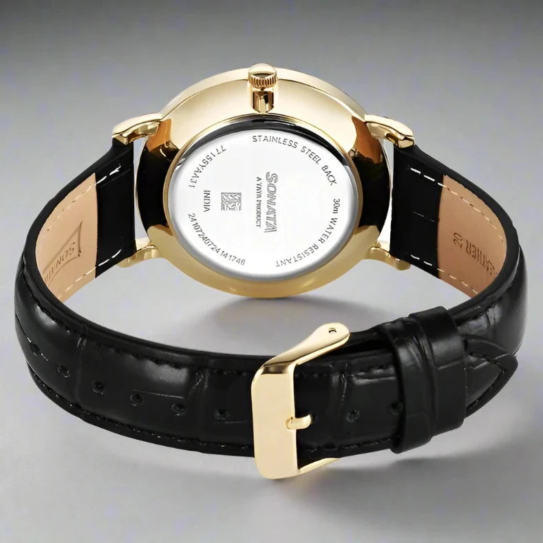 Back View Of Sonata 77155YL02 Wedding Quartz Analog Black Dial Leather Strap Watch for Men.