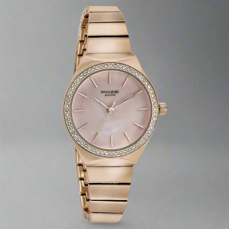 Sonata Poze Quartz Analog Pink Dial Metal Strap Watch for Women with a stylish special-shaped case and rose gold strap.