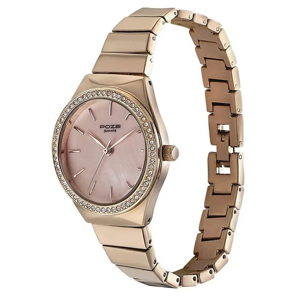 Side View Of Sonata Poze Quartz Analog Pink Dial Metal Strap Watch for Women with a stylish special-shaped case and rose gold strap.