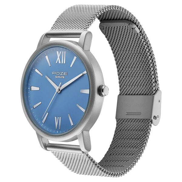Side View Of Sonata SP70039sm01w Poze Quartz Analog Blue Dial Mesh Strap Watch for Men with a stylish blue dial and silver mesh strap, perfect for everyday elegance.