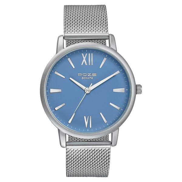 Sonata SP70039sm01w Poze Quartz Analog Blue Dial Mesh Strap Watch for Men with a stylish blue dial and silver mesh strap, perfect for everyday elegance.