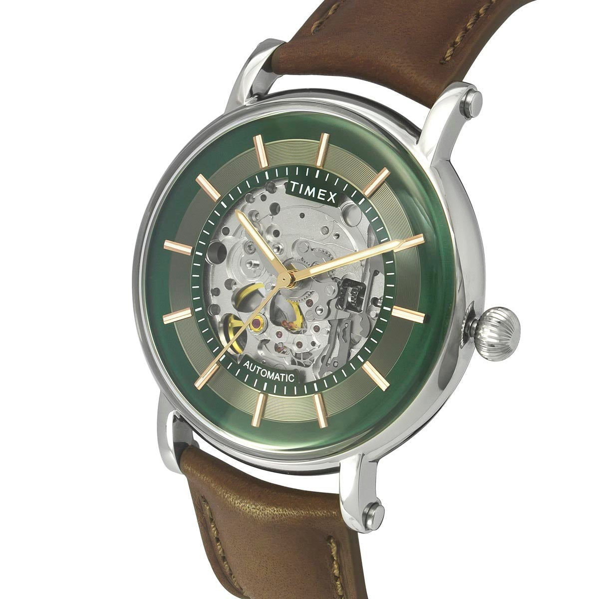 Close View Of Timex E-Class TWEG16717 Men's Green Dial Round Case Automatic Function Watch with Brown Leather Strap and 30M Water Resistance