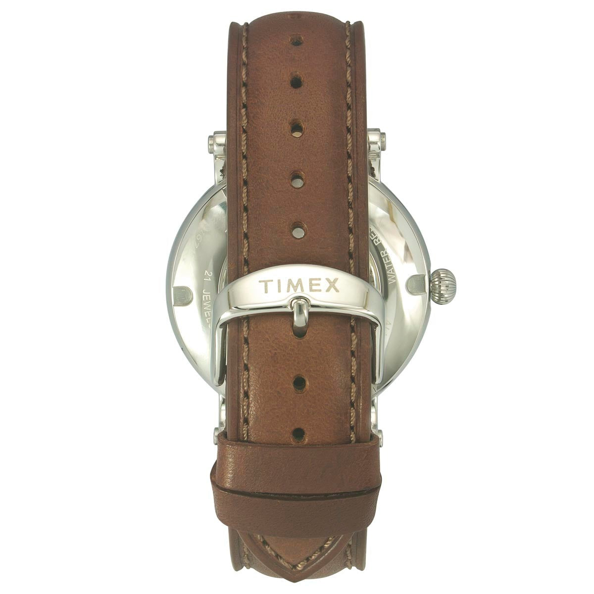 Strap View Of Timex E-Class TWEG16717 Men's Green Dial Round Case Automatic Function Watch with Brown Leather Strap and 30M Water Resistance