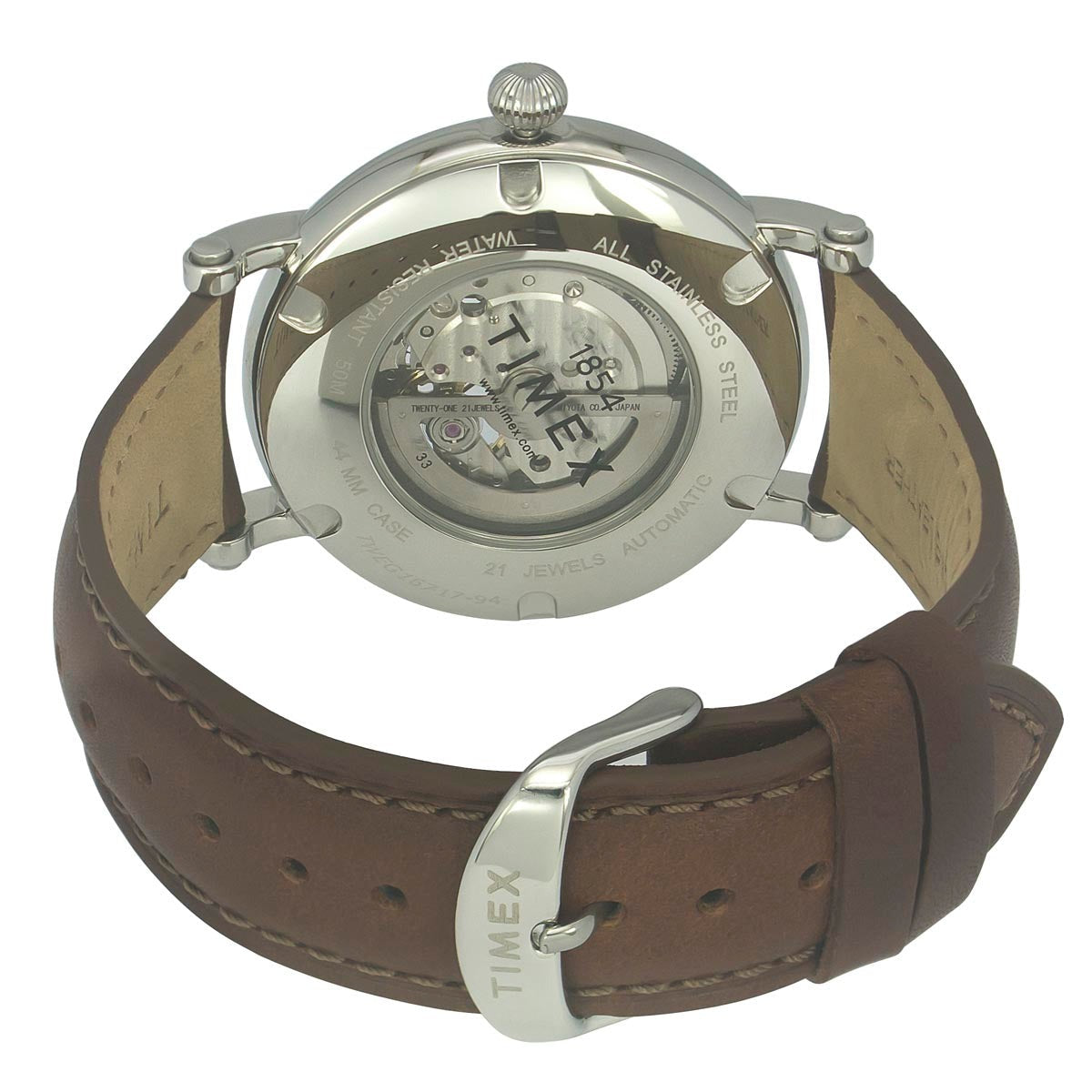 Back View Of Timex E-Class TWEG16717 Men's Green Dial Round Case Automatic Function Watch with Brown Leather Strap and 30M Water Resistance