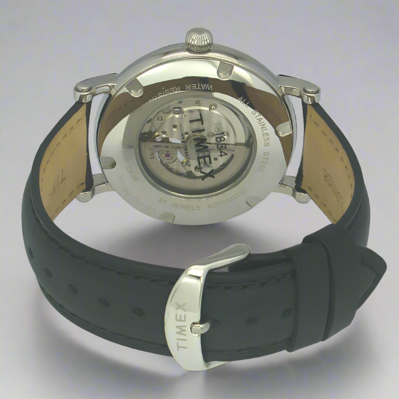 Back View Of Timex E-Class TWEG16720 Men's Black Dial Round Case Automatic Function Watch with Black Leather Strap and 30M Water Resistance