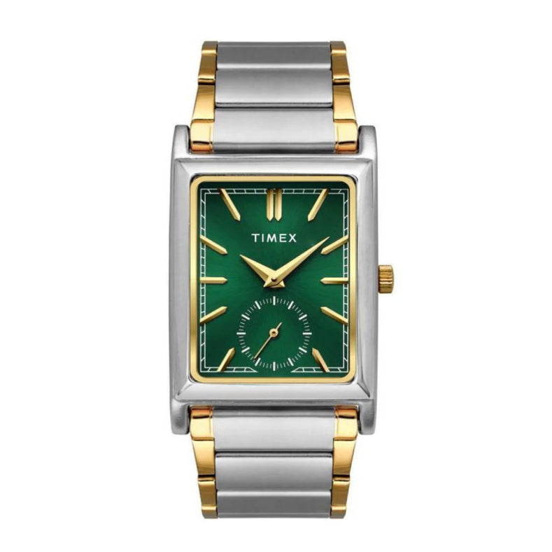 Timex Rene Retro Green Sunray Dial Dual-Tone Men's Astrological Watch with a bold square case and stainless steel strap.