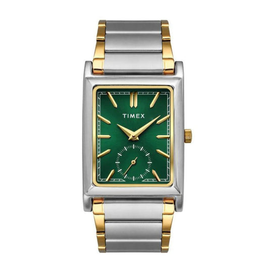 Timex Rene Retro Green Sunray Dial Dual-Tone Men's Astrological Watch with a bold square case and stainless steel strap.