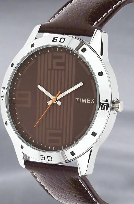 Side View Of Timex TW000CP20 Men's Analog Watch with Brown Dial, Leather Strap, and Calendar Function