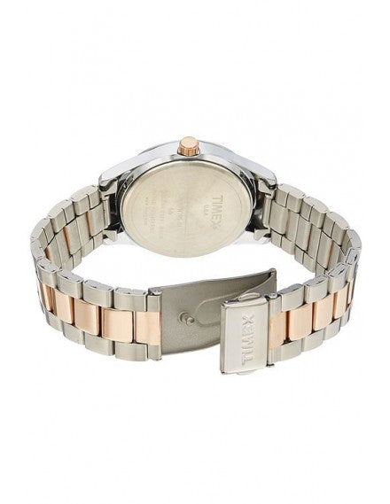 Back View Of TIMEX TW000W205 Rose Gold and Silver Analog Watch for Men with White Dial, Stainless Steel Bracelet, and Elegant Design