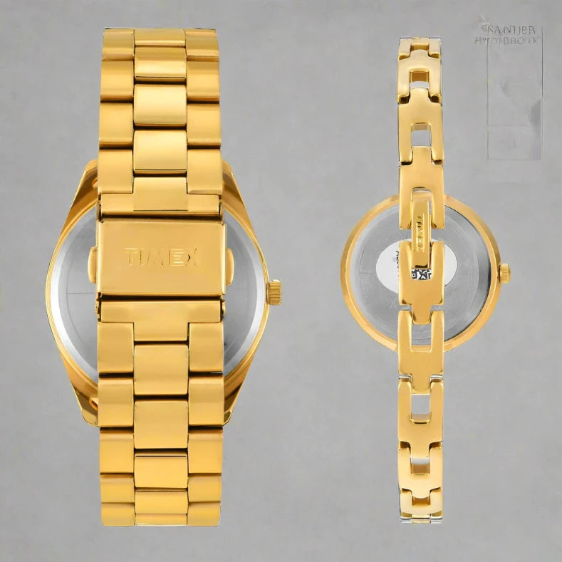Back View Of TIMEX TW00PR307 Gold Analog Couple Watch Set with White Dial, Gold Chain Bracelet, and 30M Water Resistance