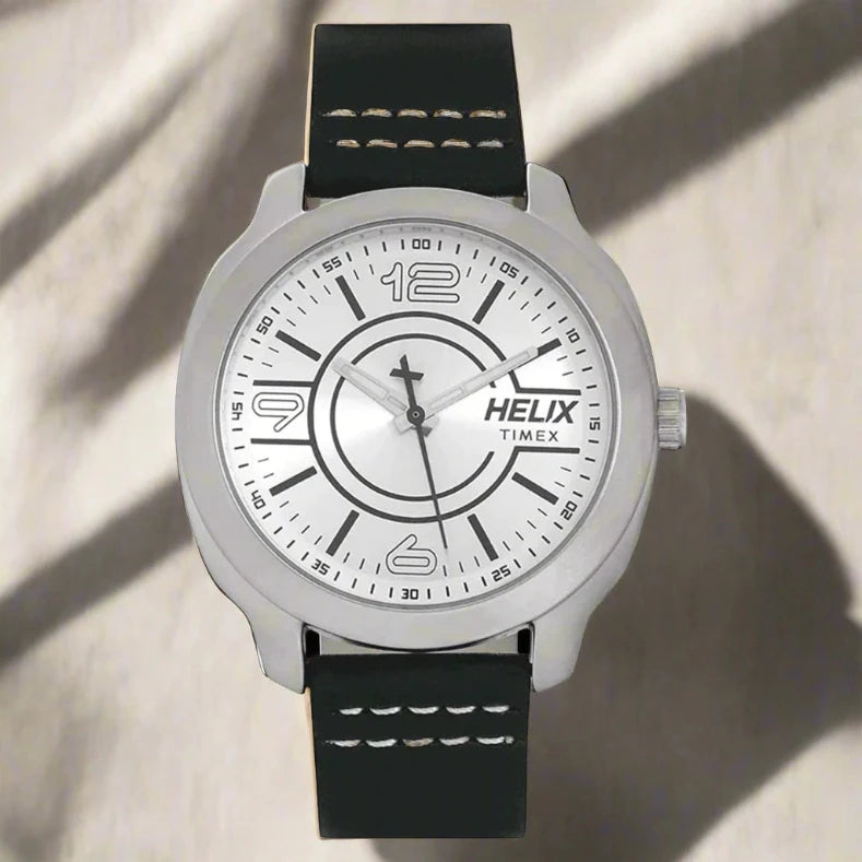 Front View Of TIMEX TW018HG07 Analog Watch for Men with White Dial, Green Genuine Leather Strap, and Casual Design