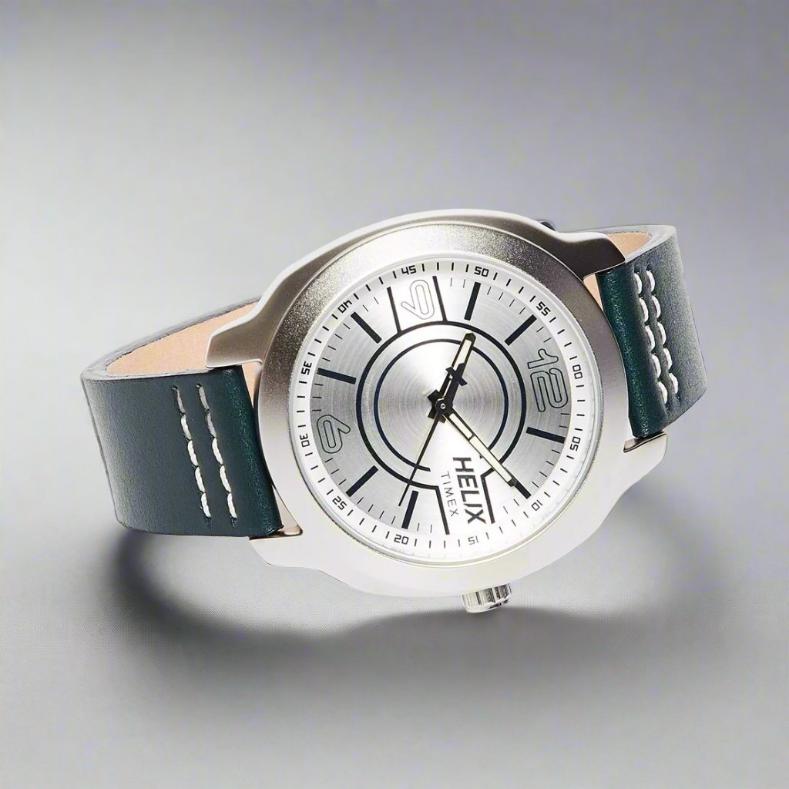 TIMEX TW018HG07 Analog Watch for Men with White Dial, Green Genuine Leather Strap, and Casual Design