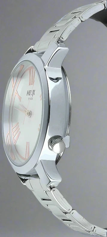 Side View Of TIMEX TW032HL14 Silver Watch for Women with a silver analog dial, durable brass case, and stainless steel chain strap for timeless elegance and everyday wear.