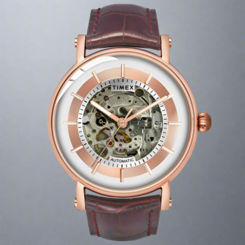 Timex TWEG16719 Brown and Rose Gold Chronograph Watch for Men with White Dial, Rose Gold Accents, Leather Fabric Strap, and 30M Water Resistance