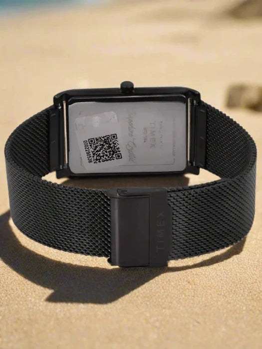 Back View Of TIMEX TWEG17313 Black Analog Watch with a square black dial, resin case, and black mesh strap for modern elegance and durability.