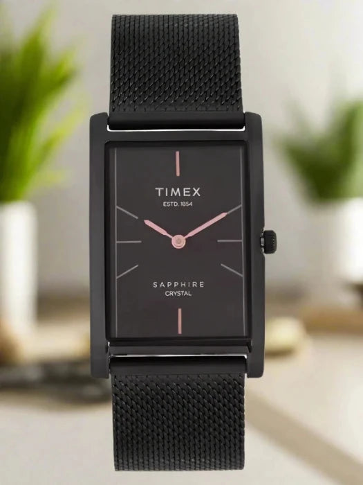TIMEX TWEG17313 Black Analog Watch with a square black dial, resin case, and black mesh strap for modern elegance and durability.