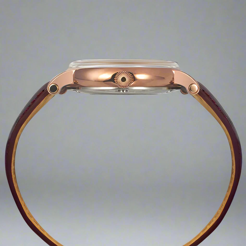 Side View Of Timex TWEG18719 Men's Chronograph Watch with White and Rose Gold Dial, Brown Fabric Strap, and 30m Water Resistance