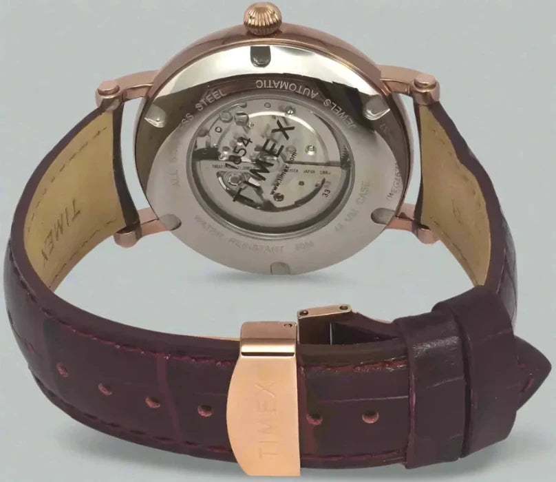 Back View Of Timex TWEG18719 Men's Chronograph Watch with White and Rose Gold Dial, Brown Fabric Strap, and 30m Water Resistance
