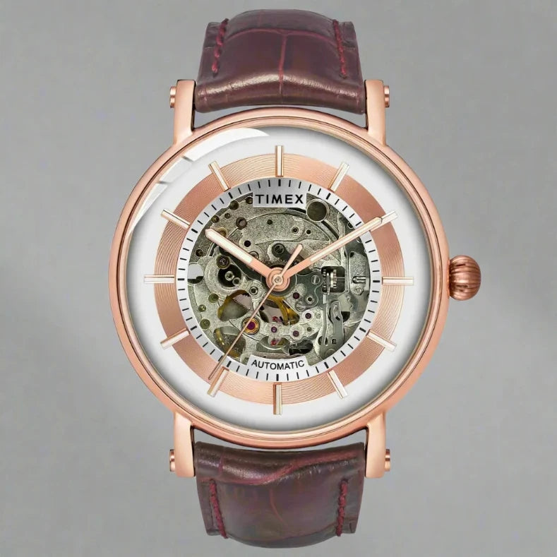 Timex TWEG18719 Men's Chronograph Watch with White and Rose Gold Dial, Brown Fabric Strap, and 30m Water Resistance