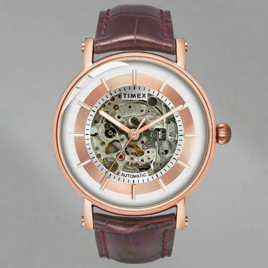 Timex TWEG18719 Men's Chronograph Watch with White and Rose Gold Dial, Brown Fabric Strap, and 30m Water Resistance