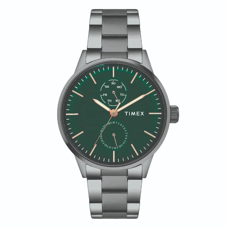 Timex TWEG19905 Men's Multifunction Watch with Green Dial, Gunmetal Bracelet, and 30m Water Resistance