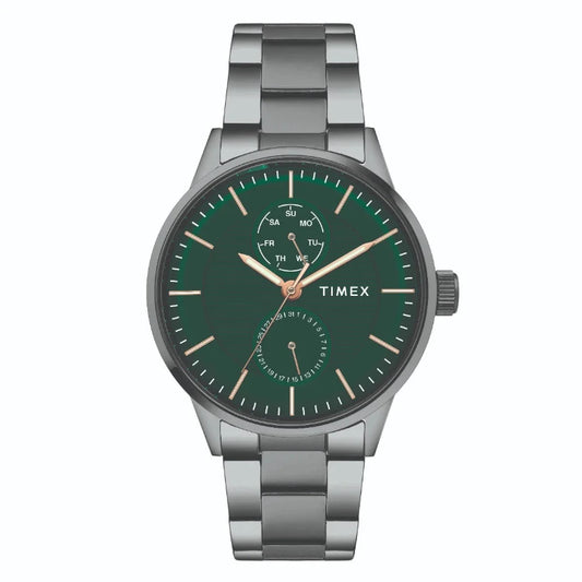 Timex TWEG19905 Men's Multifunction Watch with Green Dial, Gunmetal Bracelet, and 30m Water Resistance