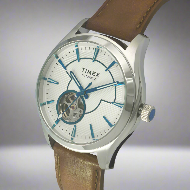 Close View Of Timex TWEG21001 White and Brown Analog Chronograph Watch for Men with Blue Dial, Leather Fabric Strap, and 50M Water Resistance