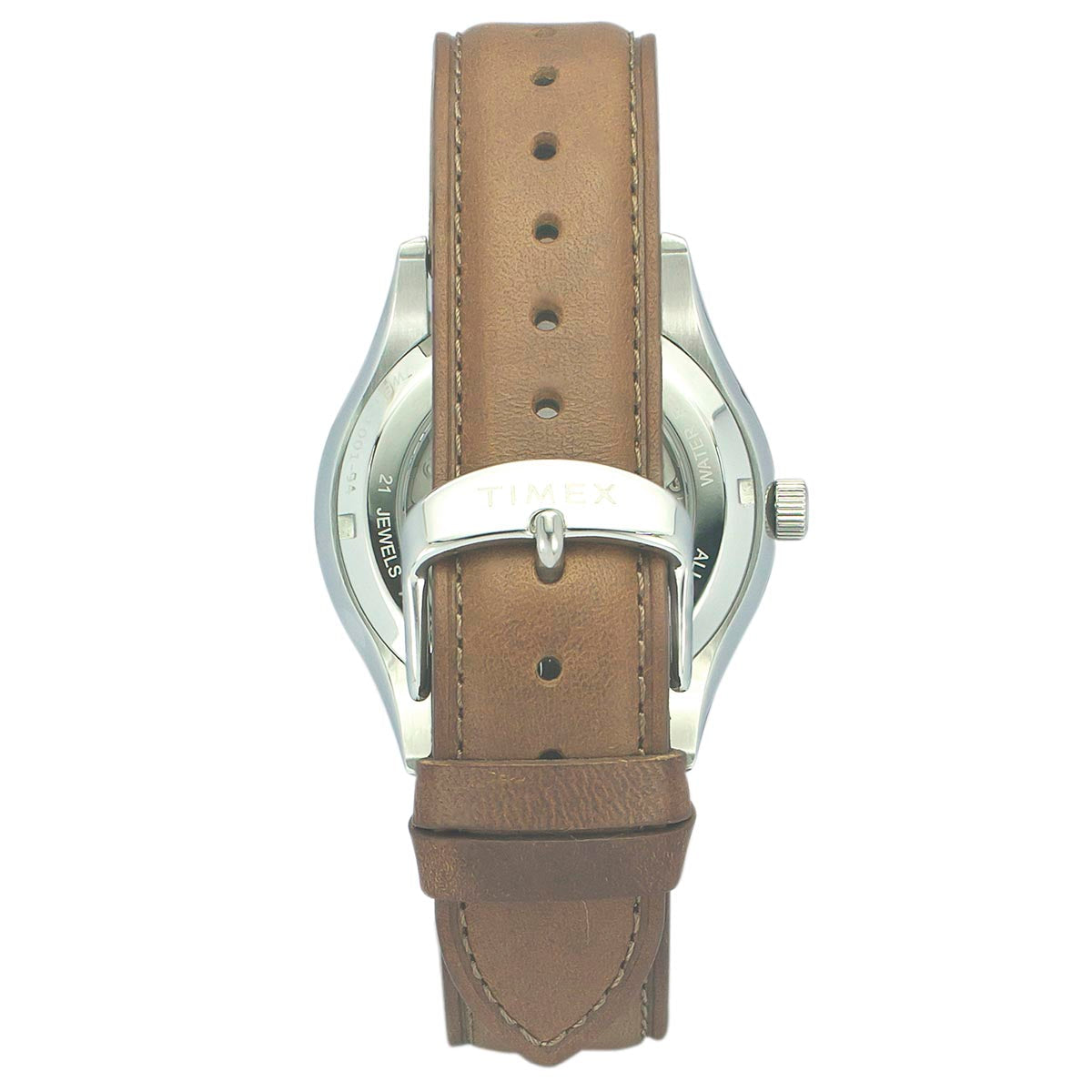 Back View Of Timex TWEG21001 White and Brown Analog Chronograph Watch for Men with Blue Dial, Leather Fabric Strap, and 50M Water Resistance