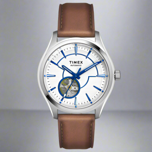 Timex TWEG21001 White and Brown Analog Chronograph Watch for Men with Blue Dial, Leather Fabric Strap, and 50M Water Resistance