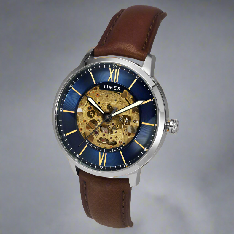 Close View Of Timex TWEG23501 Navy Blue and Brown Analog Chronograph Watch for Men with 50M Water Resistance and Leather Strap