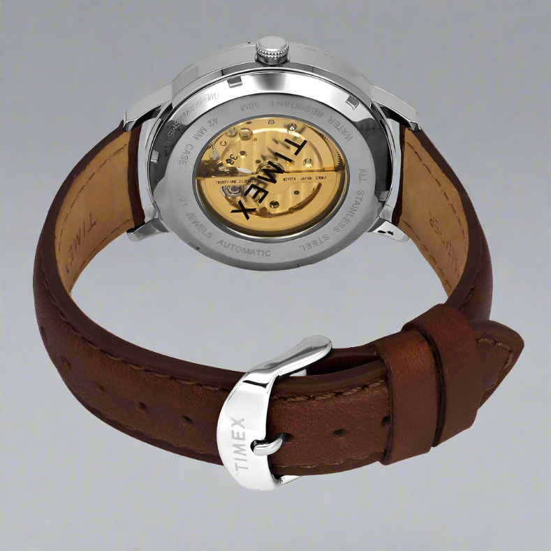 Back View Of Timex TWEG23501 Navy Blue and Brown Analog Chronograph Watch for Men with 50M Water Resistance and Leather Strap