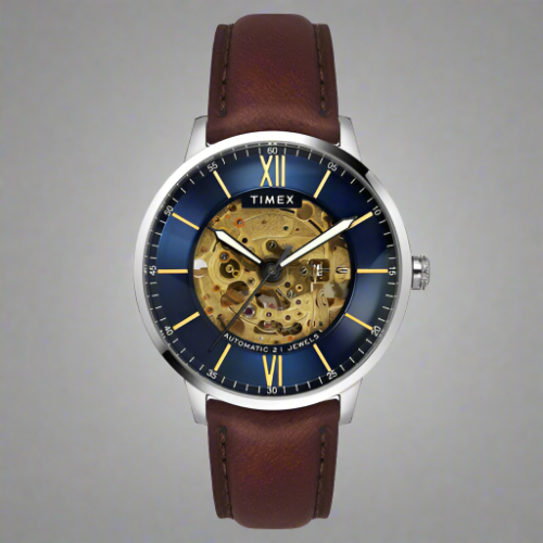 Timex TWEG23501 Navy Blue and Brown Analog Chronograph Watch for Men with 50M Water Resistance and Leather Strap
