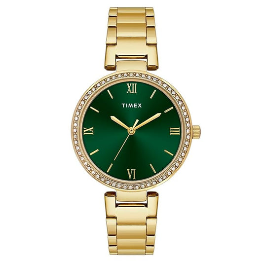 Timex TWEL18713 Green Dial Analog Women's Watch with Gold Stainless Steel Band