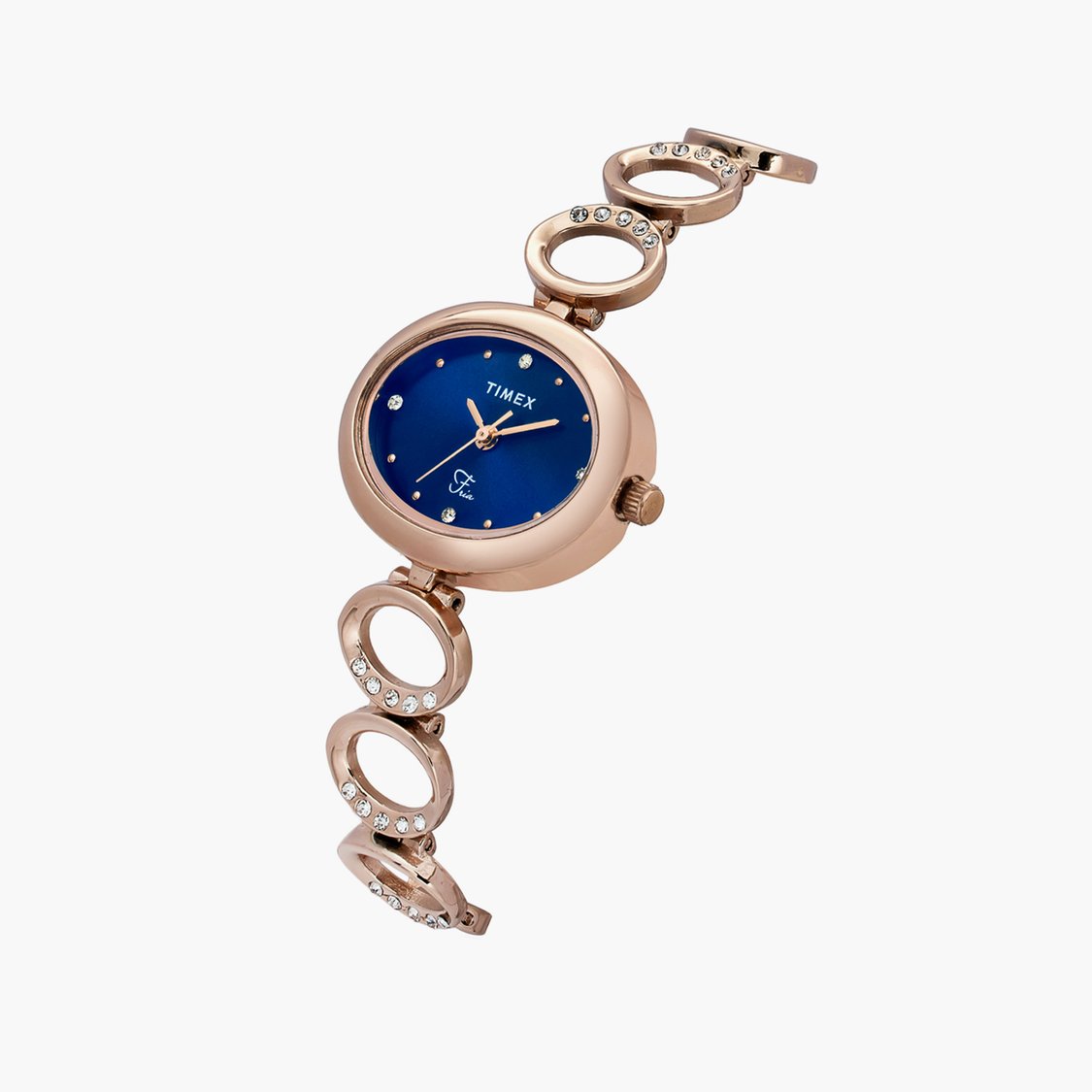 Side View Of Timex TWEL24003 Fria Analog Blue Dial Rose Gold Metal Strap Watch for Women