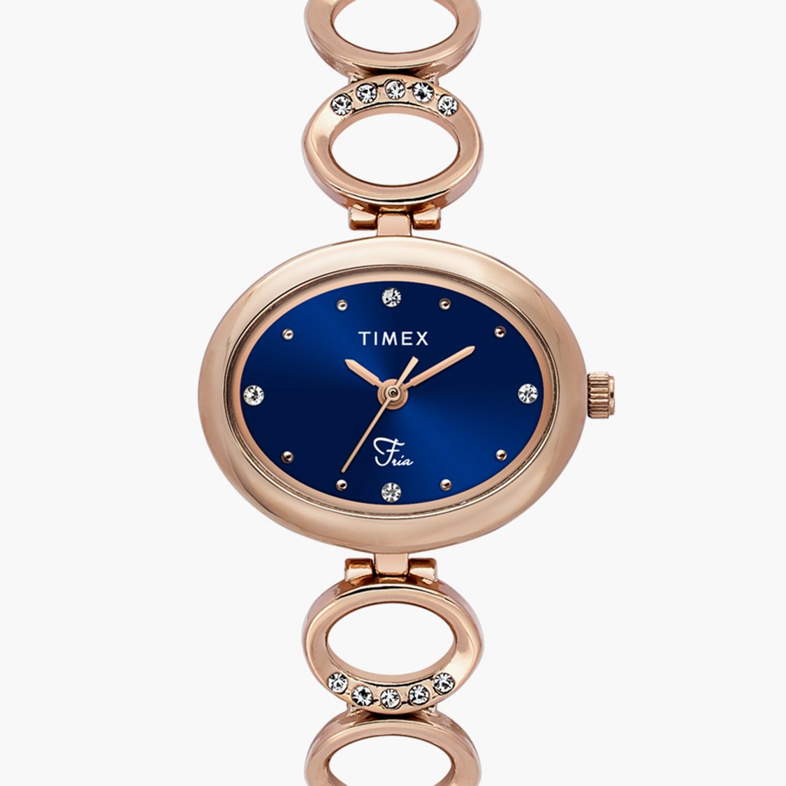 Front View Of Timex TWEL24003 Fria Analog Blue Dial Rose Gold Metal Strap Watch for Women