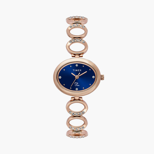 Timex TWEL24003 Fria Analog Blue Dial Rose Gold Metal Strap Watch for Women