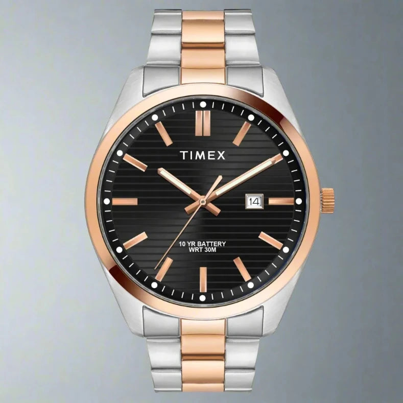 TIMEX TWTG10410 Silver and Rose Gold Analog Watch for Men with Black Dial, Stainless Steel Bracelet, and 50M Water Resistance