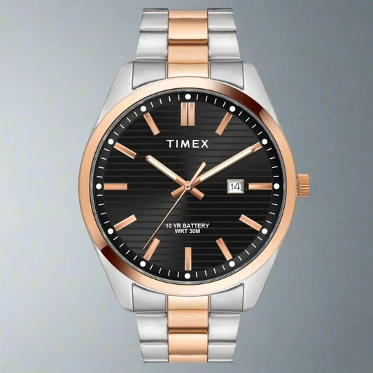 TIMEX TWTG10410 Silver and Rose Gold Analog Watch for Men with Black Dial, Stainless Steel Bracelet, and 50M Water Resistance