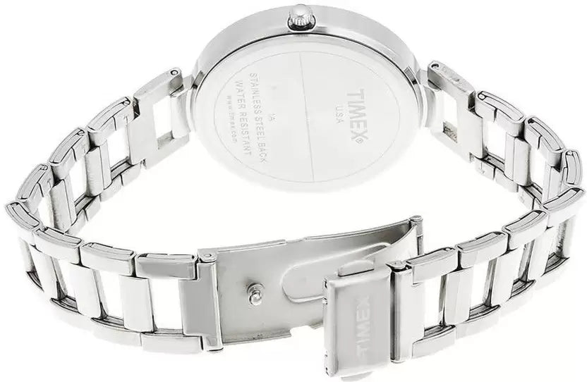 Back View Of Timex TWX000X202 Women's Analog Watch with Vibrant White Dial, Silver Stainless Steel Strap, and 30m Water Resistance