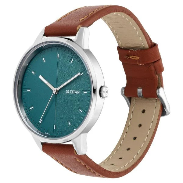 Close Look Of Titan 2648SL01 Women's Precision Simplicity Watch with a grey gradient dial and tan leather strap, designed for work and casual wear.