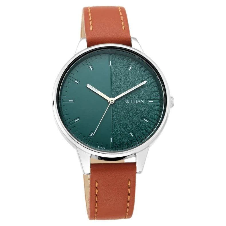 Titan 2648SL01 Women's Precision Simplicity Watch with a grey gradient dial and tan leather strap, designed for work and casual wear
