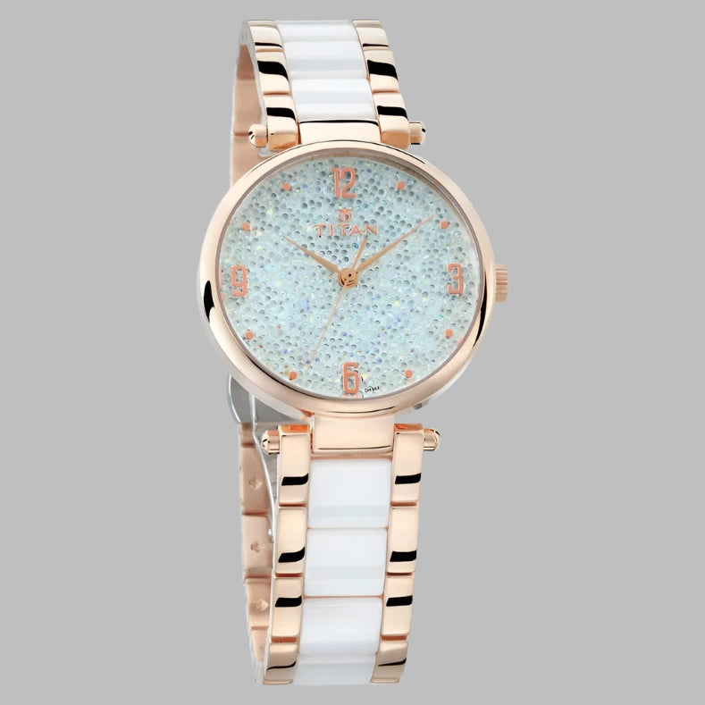 Front View Of Titan Ceramics White Dial Analog Stainless Steel and Ceramic Strap Watch for Women NS95061WD02 - Elegant and durable with a butterfly clasp.