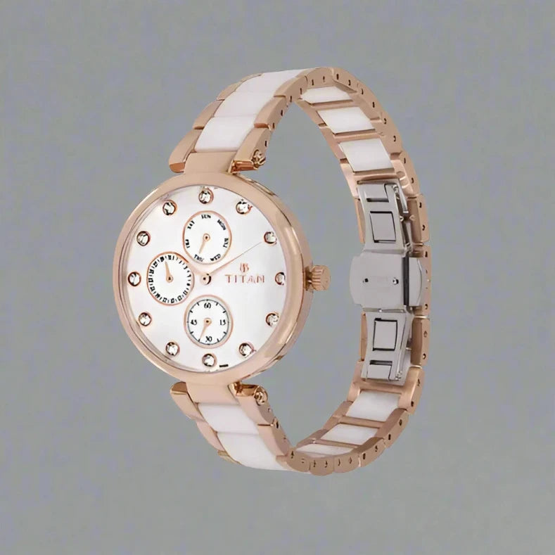Close View Of Titan Ceramics White Dial Quartz Multifunction Stainless Steel and Ceramic Strap Watch for Women NS95062WD02 - A perfect mix of style and practicality.