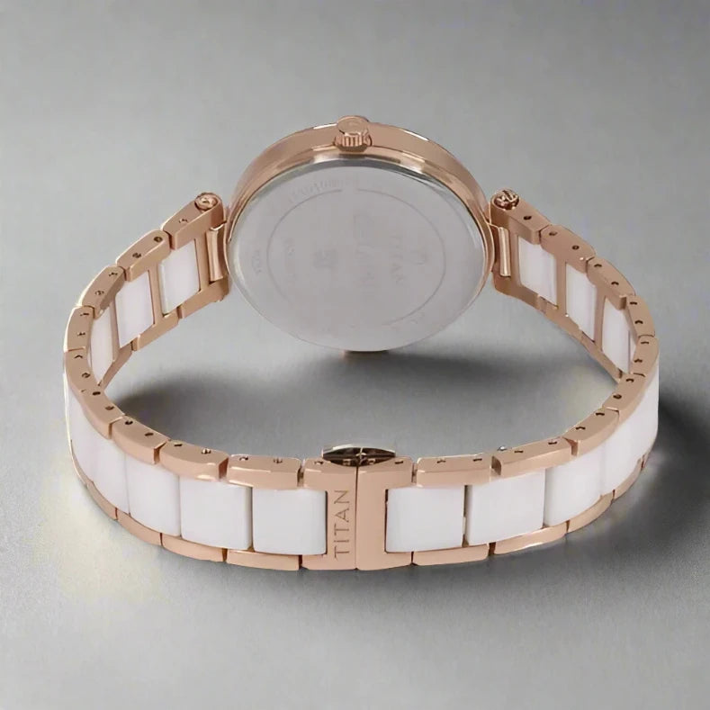 Back View Of Titan Ceramics White Dial Quartz Multifunction Stainless Steel and Ceramic Strap Watch for Women NS95062WD02 - A perfect mix of style and practicality.