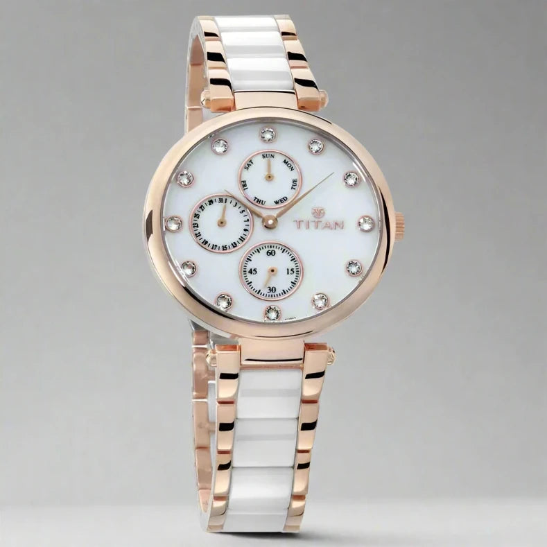 Titan Ceramics White Dial Quartz Multifunction Stainless Steel and Ceramic Strap Watch for Women NS95062WD02 - A perfect mix of style and practicality.