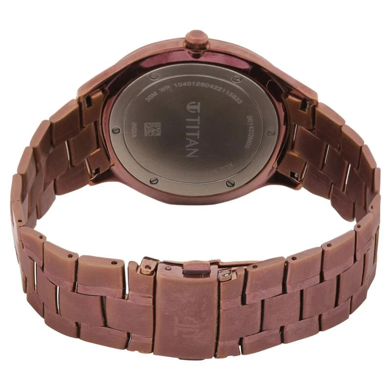 Back View Titan Classique Slimline Brown Dial Analog Watch NS90142QM05 with a day and date function and a stainless steel strap for men.