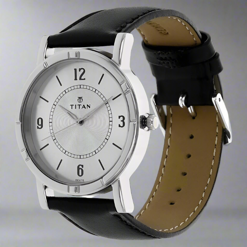 Side View Of Titan NN1639SL03 Quartz Analog Silver Dial Leather Strap Watch for Men – A timeless and elegant timepiece with a classic silver dial and genuine black leather strap.