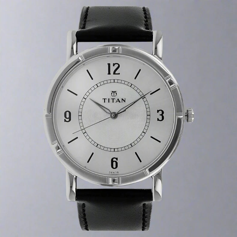Titan NN1639SL03 Quartz Analog Silver Dial Leather Strap Watch for Men – A timeless and elegant timepiece with a classic silver dial and genuine black leather strap.